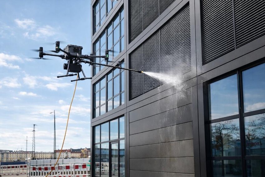 Nahaufnahme von Drohne beim Reinigen eines Schulfensters | © Tidly Drones