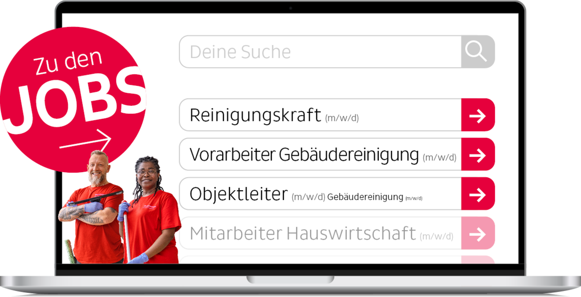 Darstellung der Dussmann-Jobsuche auf Laptop-Mock-up inkl. roten Icons mit Schriftzug „Zu den Jobs“ und Abbildung von zwei Dussmann-Mitarbeitenden aus der Gebäudereinigung.